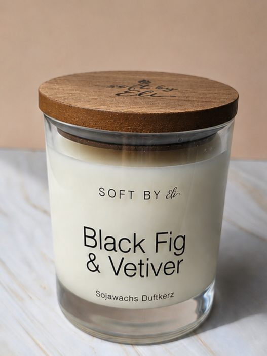 Schwarze Feige & Vetiver – Sojakerze mit Holzdeckel 220g