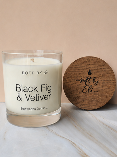 Schwarze Feige & Vetiver – Sojakerze mit Holzdeckel 220g
