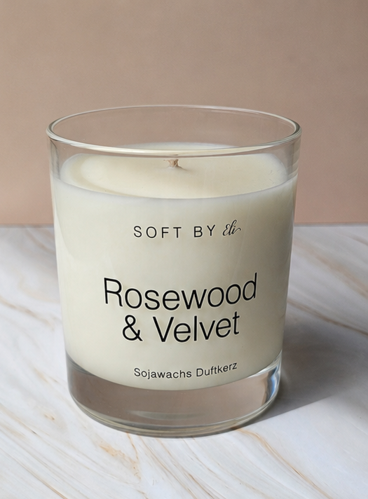 Rosewood & Velvet – Sojawachs Kerze mit Holzdeckel 220g