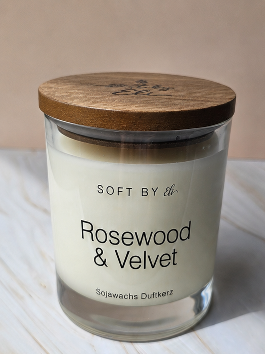 Rosewood & Velvet – Sojawachs Kerze mit Holzdeckel 220g